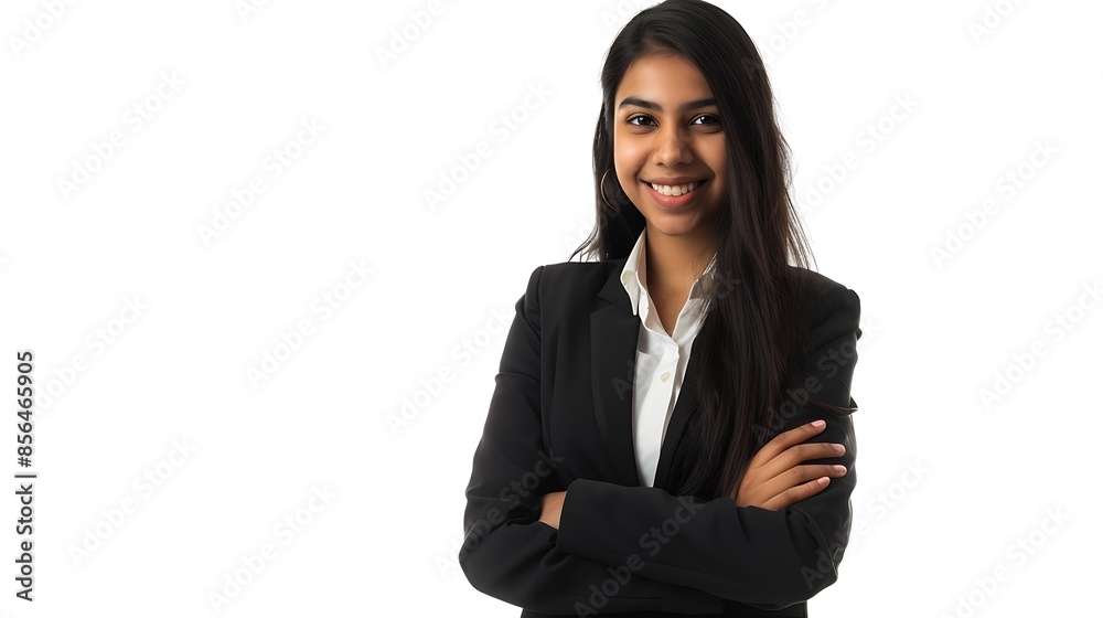 Crossed arms smile and portrait of businesswoman in a studio with positive and confident attitude Happy professional and young Indian female corporate lawyer attorney isolated by white : Generative AI Crossed arms smile and portrait of businesswoman in a studio with positive and confident attitude Happy professional and young Indian female corporate lawyer attorney isolated by white : Generative AI