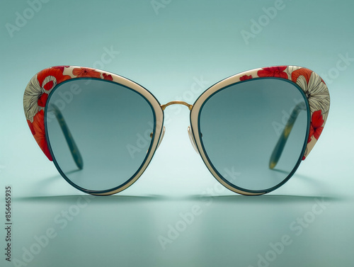 A pair of sunglasses with a floral design on the frame. The sunglasses are blue and white. The frame is gold and red photo