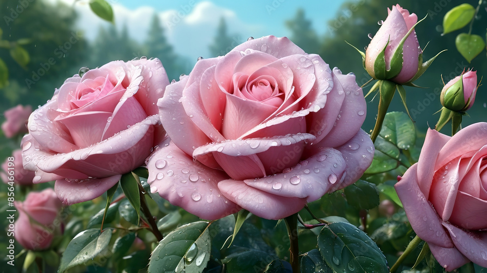 Beautiful pink roses with water drops on petals, generative Ai