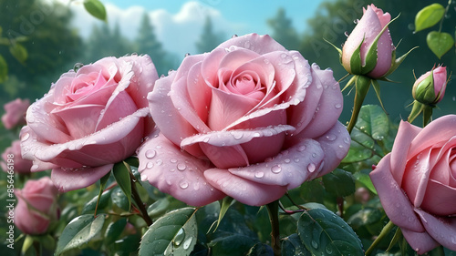 Obraz na płótnie Beautiful pink roses with water drops on petals, generative Ai w salonie