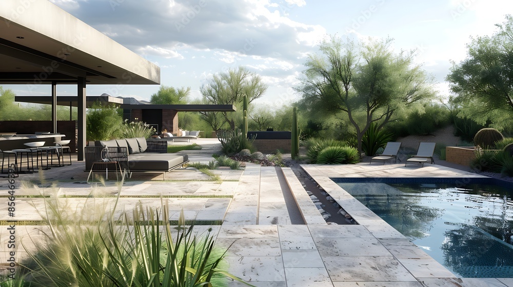 Fototapeta premium A desert landscaped backyard in Arizona featuring a travertine tiled pool deck and outdoor kitchen : Generative AI