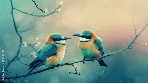 Two beautiful painted birds sitting on branches infront of grungy gradient background in moody colors, hightlights on birds photo