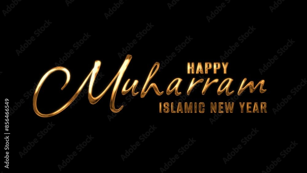Happy Muharram animation on a black backdrop with gold text.  It is Excellent for greeting viewers with videos on the first day of the Islamic New Year to make them smile. 4K channels for alpha