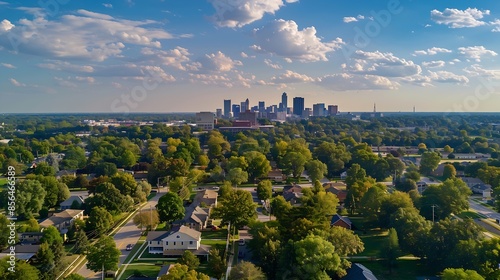 Aerial view of a water tower in Upper Arlington OH with Columbus skyline on the horizon : Generative AI photo