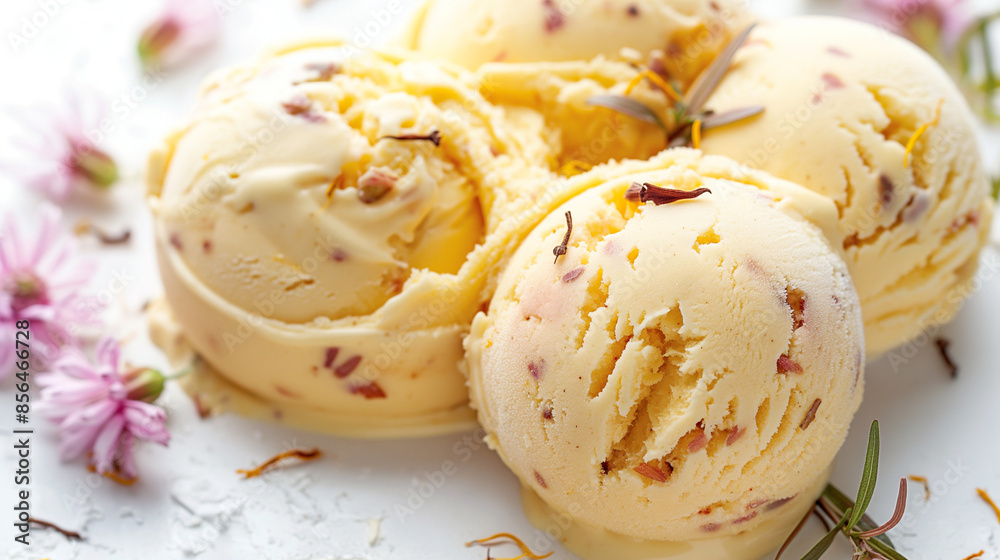 Exotic saffron and cardamom ice cream, an image of exotic saffron and cardamom ice cream, its rich hues and intricate flavors against a white background Exotic saffron and cardamom ice cream, an image of exotic saffron and cardamom ice cream, its rich hues and intricate flavors against a white background