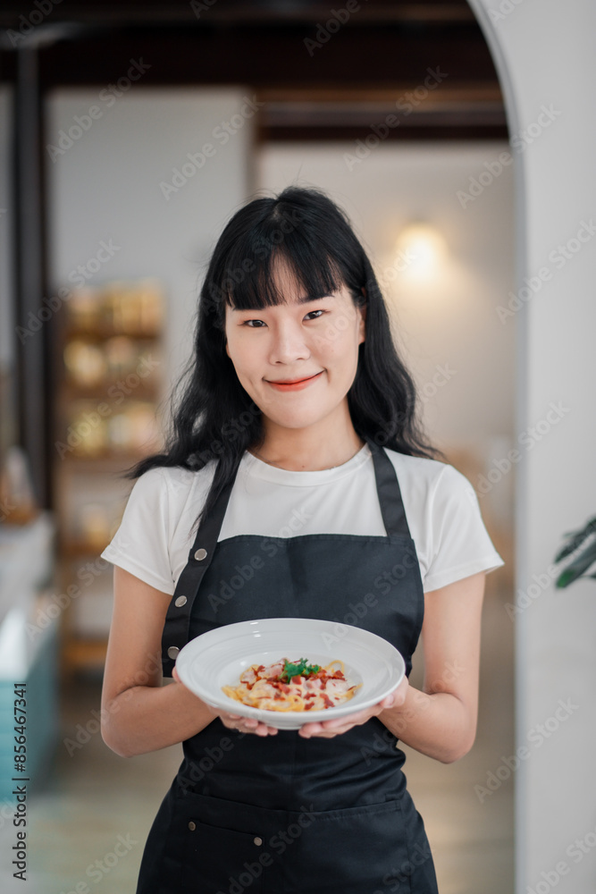 A cheerful chef presenting a beautifully plated pasta dish in a contemporary kitchen environment. A cheerful chef presenting a beautifully plated pasta dish in a contemporary kitchen environment.