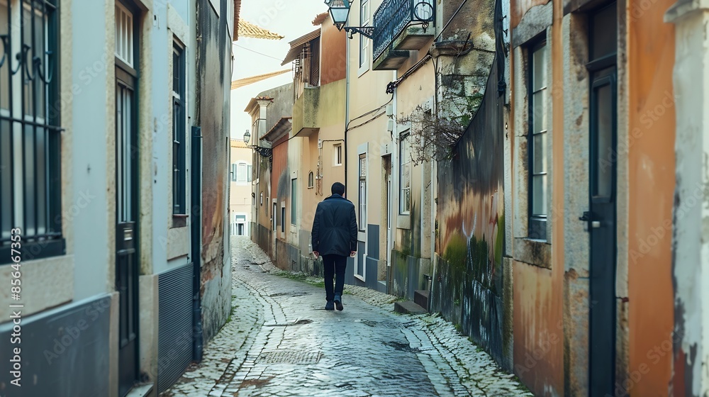 man walking down a small street in portugal : Generative AI man walking down a small street in portugal : Generative AI
