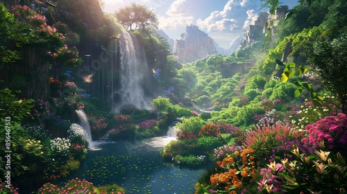 Idyllic Eden Garden: A Beautiful Paradise of Flowers, Rivers, and Waterfalls