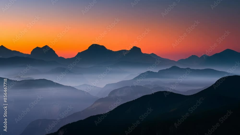 Sunset over misty mountain ranges, layers of silhouettes, vibrant orange and purple sky, ethereal atmosphere, serene and majestic natural beauty. Sunset over misty mountain ranges, layers of silhouettes, vibrant orange and purple sky, ethereal atmosphere, serene and majestic natural beauty.