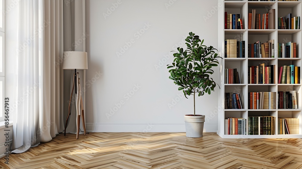 Fototapeta premium Empty living room white bookshelf vase of plant lamp home house concept brown parquet : Generative AI