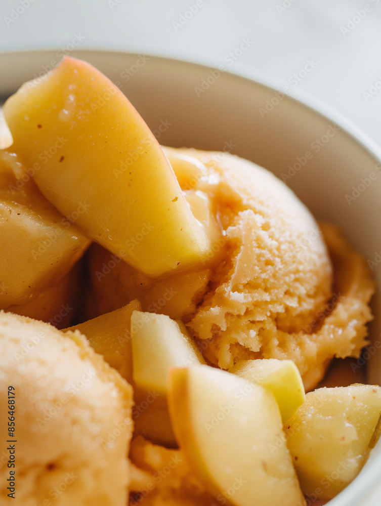Chic salted caramel and apple sorbet, a closeup of chic salted caramel and apple sorbet, its golden color with chunks of apple against a white backdrop Chic salted caramel and apple sorbet, a closeup of chic salted caramel and apple sorbet, its golden color with chunks of apple against a white backdrop