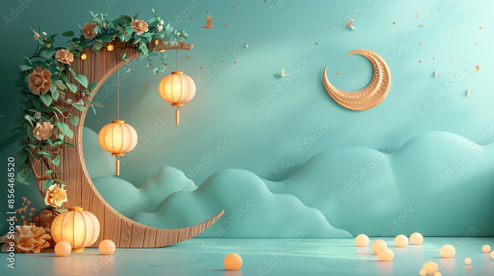 Islamic decoration background with crescent moon, lantern cartoon style, ramadan kareem, eid al fitr, copy space text area, 3D illustration, banner, pastel color Islamic decoration background with crescent moon, lantern cartoon style, ramadan kareem, eid al fitr, copy space text area, 3D illustration, banner, pastel color