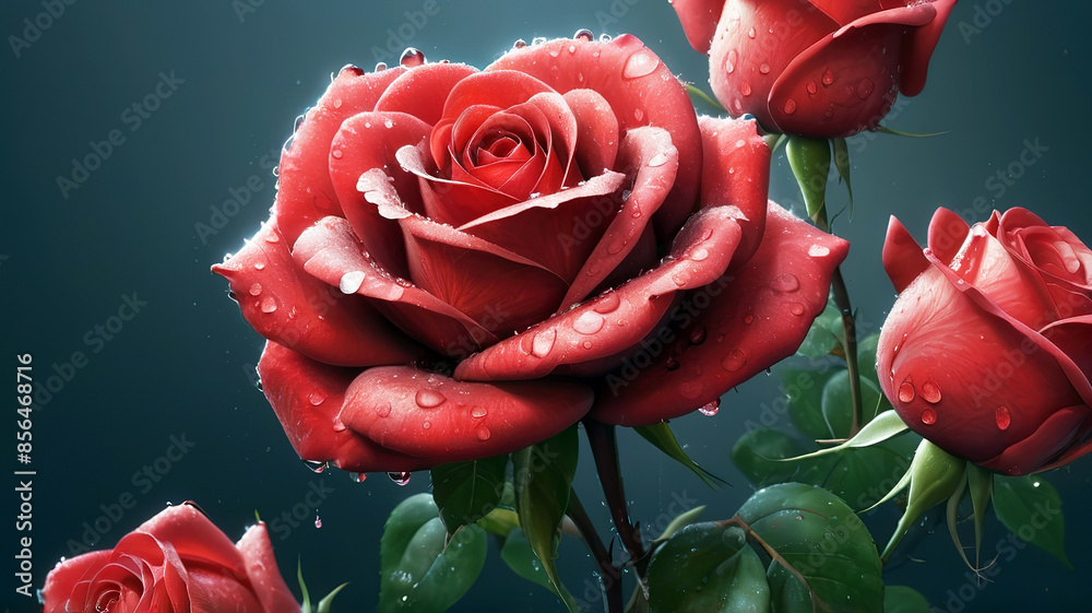 Beautiful red roses with water drops on petals, generative Ai