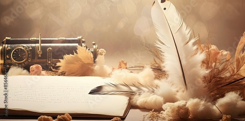 writing background with feather and old typewriter on a table