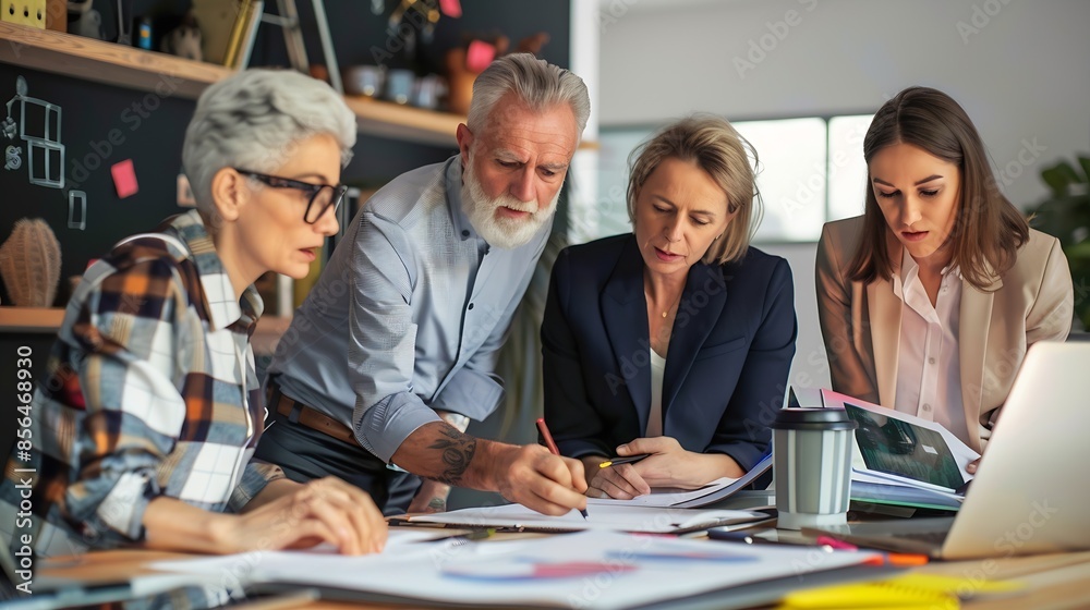 Multi Generational Business Group Analyzing Financial Statistics and Market Research in Corporate Office : Generative AI Multi Generational Business Group Analyzing Financial Statistics and Market Research in Corporate Office : Generative AI