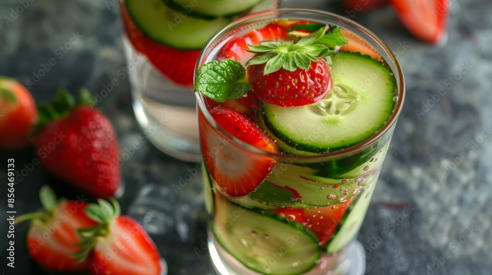 A picture of a refreshing homemade cucumber and strawberry infused water suggesting creative ways to e up hydration options.