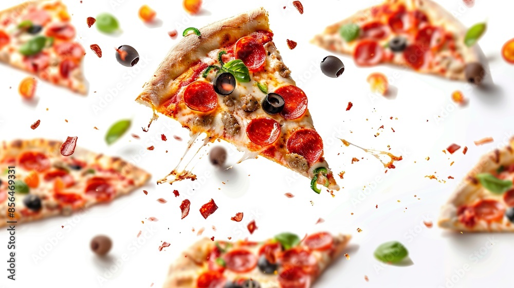 Flying pizza pieces with melting cheese. Flying pizza pieces with melting cheese.