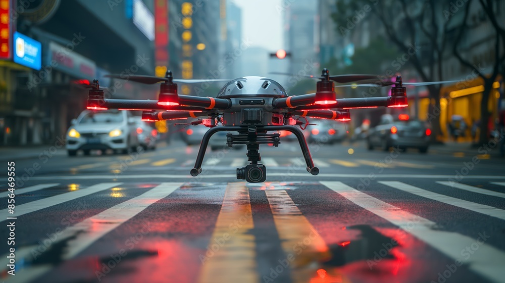 Futuristic Drone Hovers Over Neon-lit Urban Street in Rainy Evening Futuristic Drone Hovers Over Neon-lit Urban Street in Rainy Evening