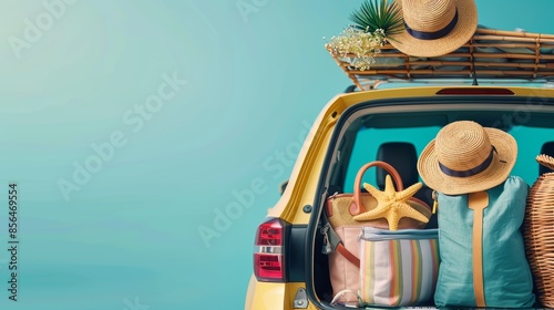 Summer Road Trip Preparation with Packed Car Trunk Under Blue Sky photo