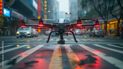 Wallpaper Mural Futuristic Drone Hovers Over Neon-lit Urban Street in Rainy Evening Torontodigital.ca