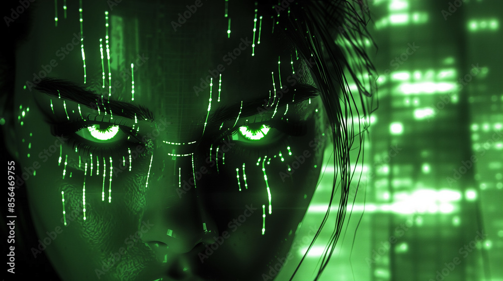 Close-up of a woman's face with glowing digital eyes and matrix-like green lines, futuristic cyber concept
