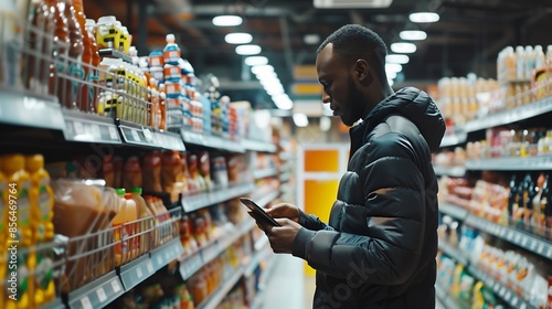 Black Male Buyer Shopping Groceries In Supermarket Taking Product From Shelf Standing With Shop Cart Indoors Using Phone : Generative AI