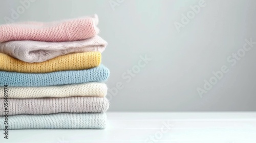 Colorful Knitted Sweaters Displayed on White Table with Copy Space for Fashion and Art Concepts