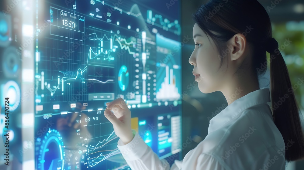 Analyst woman working with information database to analyze marketing and sales data Business analytics dashboard with charts metrics and KPIs concept : Generative AI Analyst woman working with information database to analyze marketing and sales data Business analytics dashboard with charts metrics and KPIs concept : Generative AI