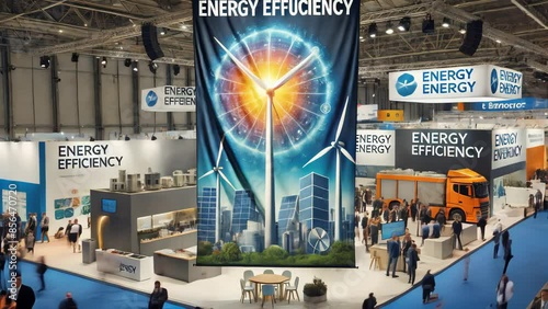 Energy Efficiency Trade Show Exhibit With Wind Turbines and Cityscape