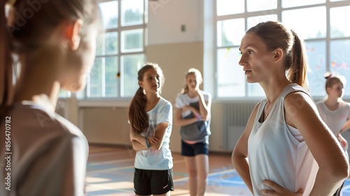 Young sports teacher and her students going through exercise plan on physical education class at school : Generative AI photo