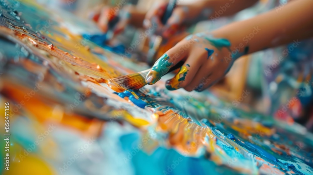 Defocused snapshot of a group of children experimenting with different painting techniques in an indoor art studio. Defocused snapshot of a group of children experimenting with different painting techniques in an indoor art studio.