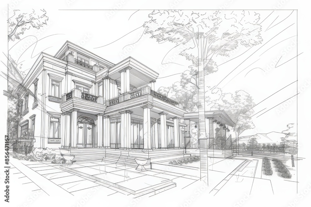 Fototapeta premium villa architecture outline hand sketch