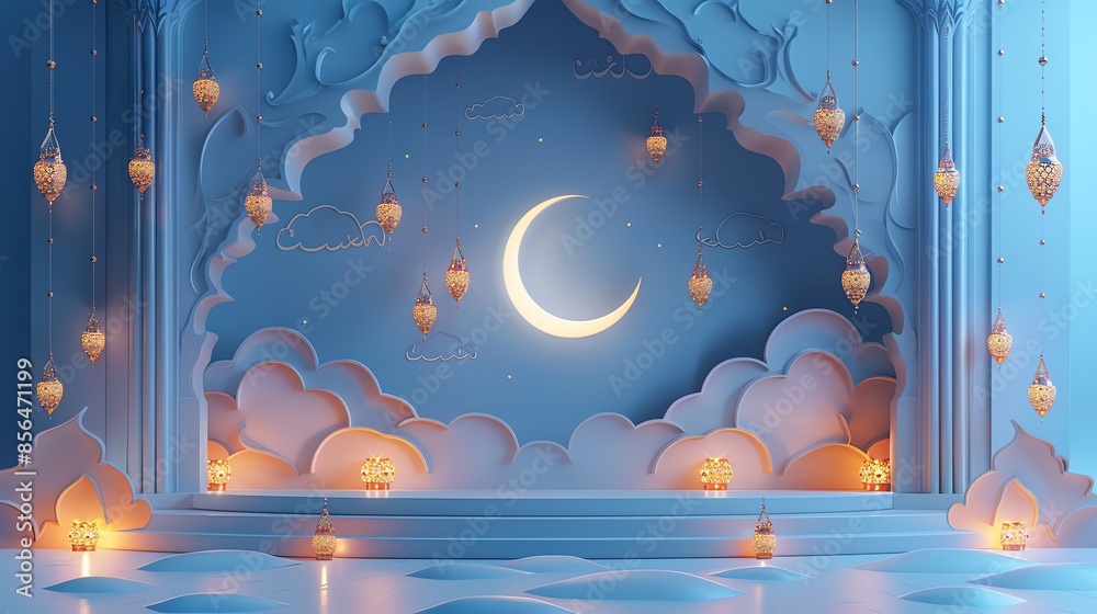 Islamic decoration background with crescent moon, lantern cartoon style, ramadan kareem, eid al fitr, copy space text area, 3D illustration, banner, pastel color Islamic decoration background with crescent moon, lantern cartoon style, ramadan kareem, eid al fitr, copy space text area, 3D illustration, banner, pastel color