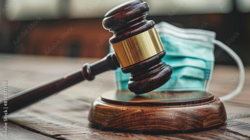 Wooden gavel placed on mask on table Wooden gavel placed on mask on table