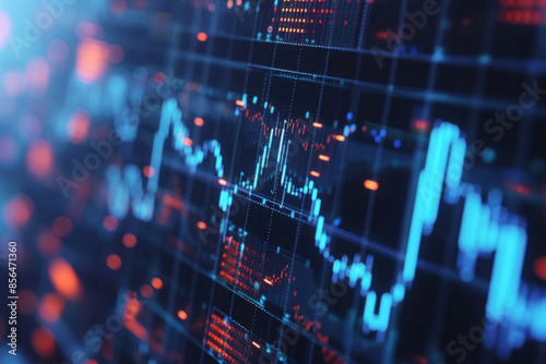 Close-up view of intricate stock market graphs and data visualizations, highlighting trends and analytics.