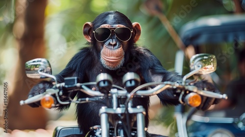 Image of cool chimpanz monkey wearing sunglasses is riding a chopper motorcycle
 photo