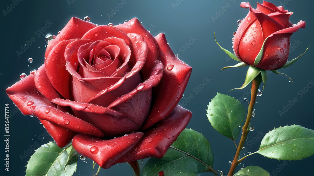 Beautiful red roses with water drops on petals, generative Ai