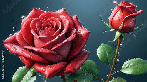 Obraz na płótnie Beautiful red roses with water drops on petals, generative Ai w salonie