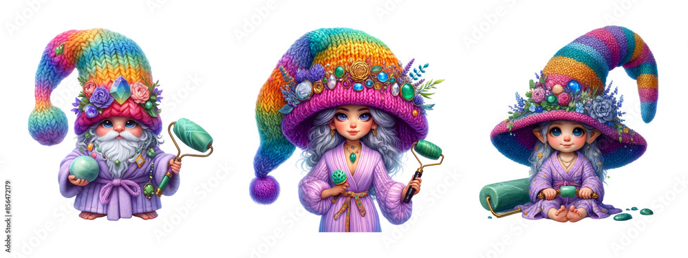 Fototapeta premium Three colorful gnomes with hats and long hair sit in a row. The gnomes are wearing colorful clothing and have a whimsical