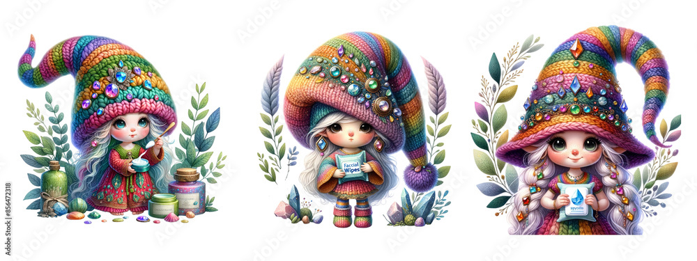Fototapeta premium Three colorful gnomes with hats and long hair sit in a row. The gnomes are wearing colorful clothing and have a whimsical