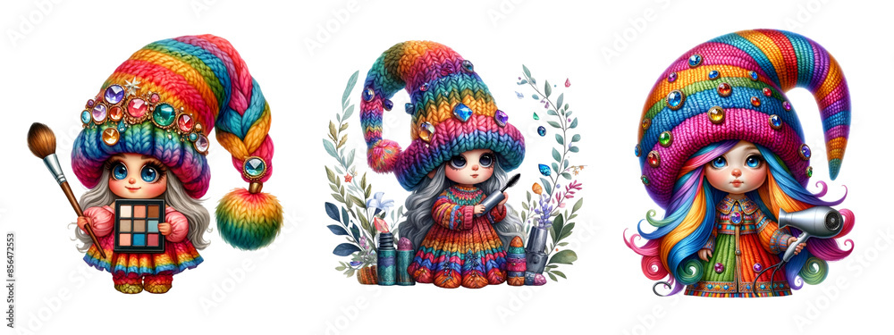 Three colorful gnomes with hats and long hair sit in a row. The gnomes are wearing colorful clothing and have a whimsical Three colorful gnomes with hats and long hair sit in a row. The gnomes are wearing colorful clothing and have a whimsical