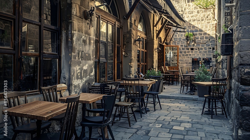 Naklejka premium View of old cozy cafe in old city Wooden tables and chairs in an outdoor cafe : Generative AI