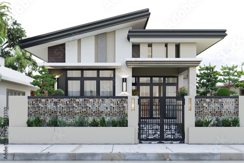 Stylish small home with clean lines, elegant main gate, and a boundary wall adorned with mosaic tiles, set against a clear white backdrop.