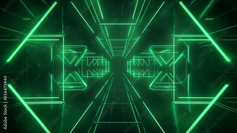 Abstract digital art of a neon green futuristic tunnel with geometric patterns and reflective surfaces. Abstract digital art of a neon green futuristic tunnel with geometric patterns and reflective surfaces.