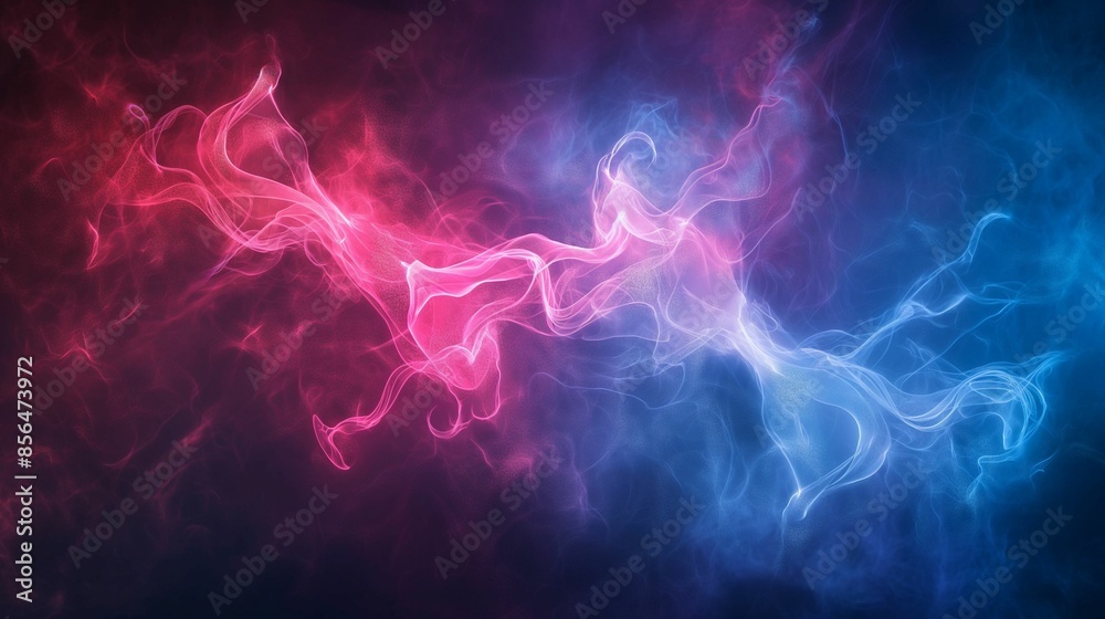 Abstract digital art of intertwining pink and blue smoke-like patterns on a dark background. Abstract digital art of intertwining pink and blue smoke-like patterns on a dark background.