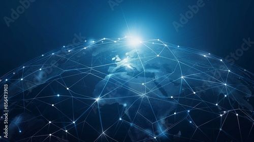 Abstract digital representation of Earth with interconnected points and lines on a dark blue background.