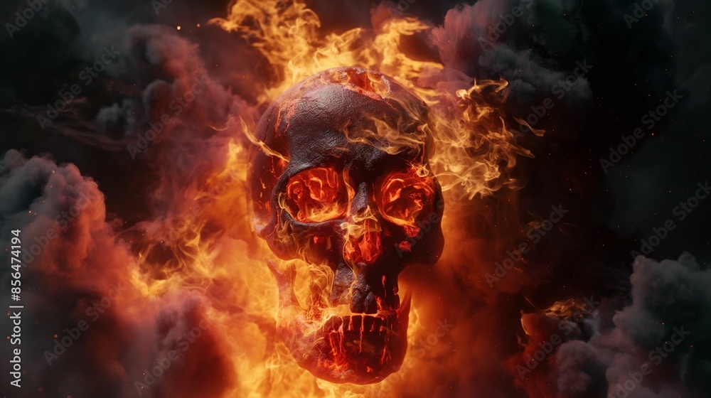 Burning skull engulfed in flames and surrounded by dark smoke. Burning skull engulfed in flames and surrounded by dark smoke.