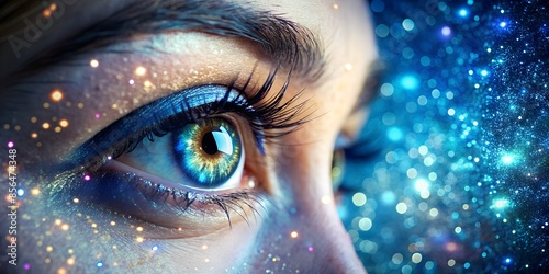 A close-up focus on the eye of a young woman gazing upwards under shimmering lights and sparkle, filled with hope, faith, and mysterious emotion.