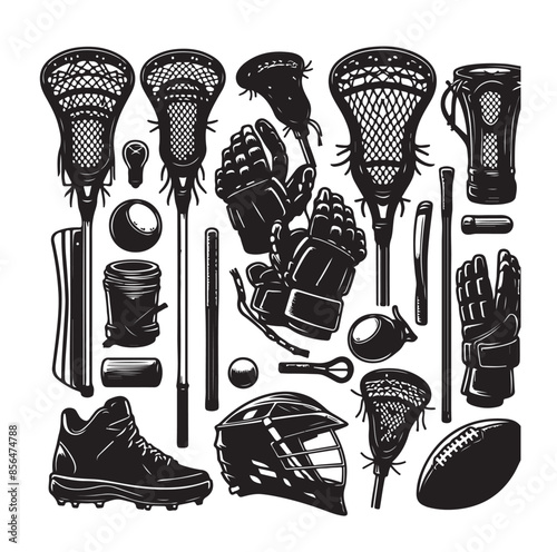 silhouette set of lacrosse equipment set. lacrosse player, sport.vector illustration.