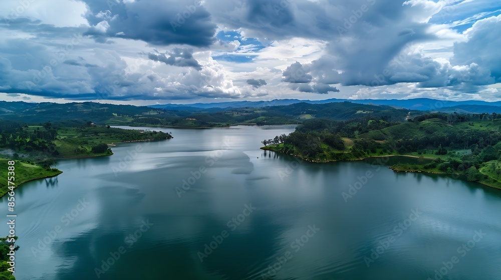 Aerial view of Embalse de Tomin in Guatavita Cundinamarca Showcasing serene water lush greenery and cloudy skies : Generative AI Aerial view of Embalse de Tomin in Guatavita Cundinamarca Showcasing serene water lush greenery and cloudy skies : Generative AI